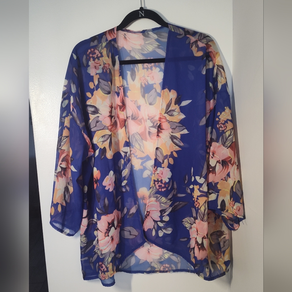 Source Unknown Royal Blue Sheer Floral Kimono